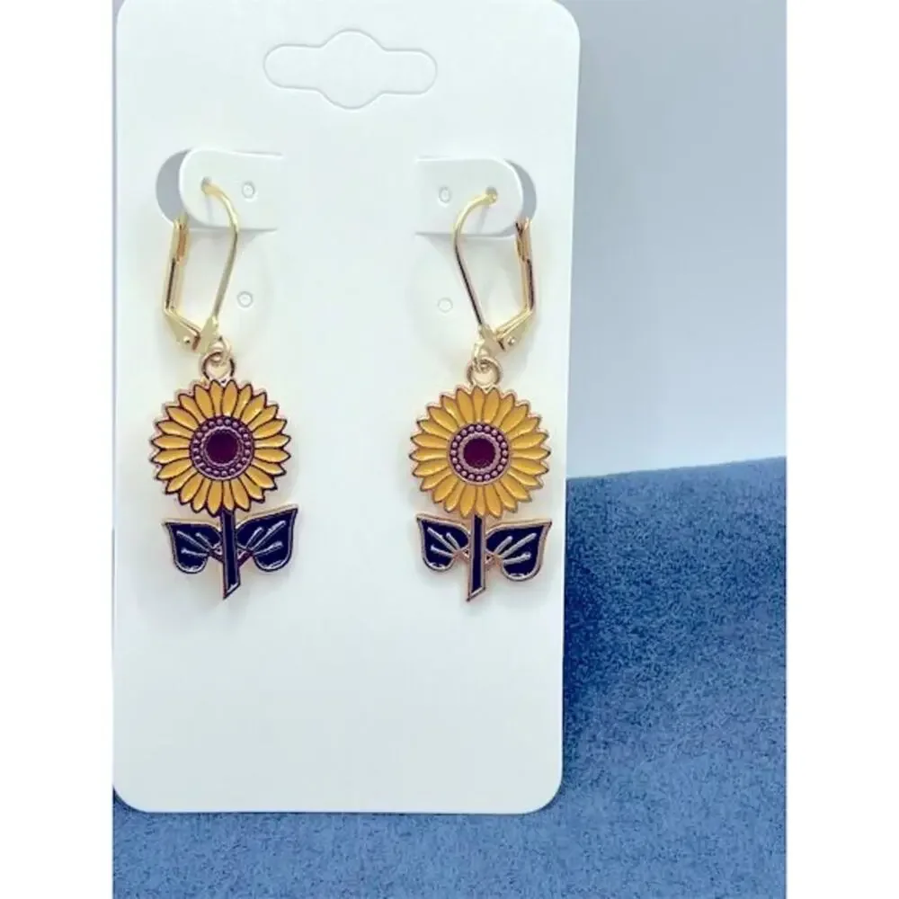 Sunflower Drop Earrings Gold-Tone Lever-Back Multicolor Hypoallergenic
